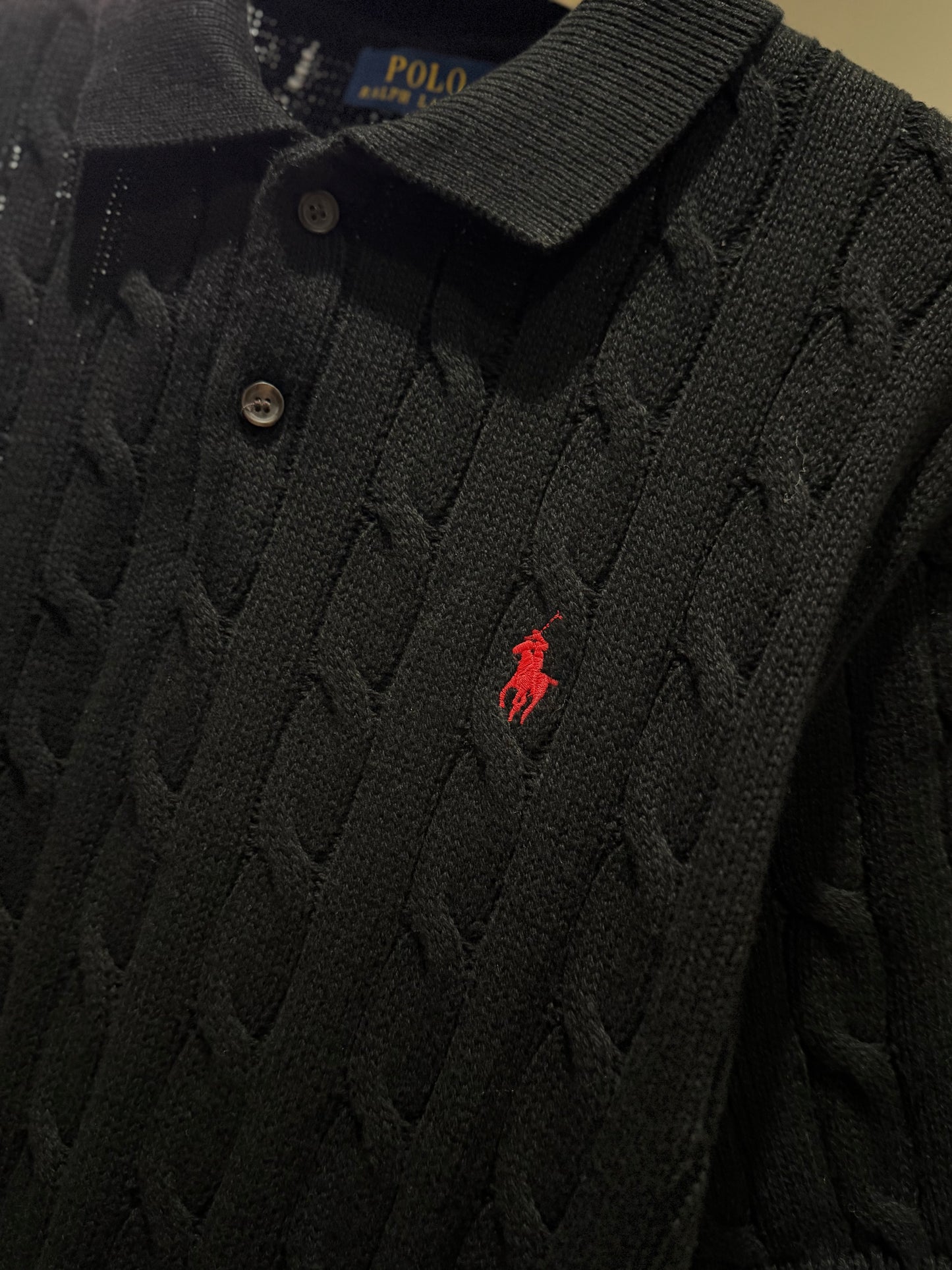Ralph Lauren Cable Knit Polo Shirt (Black)