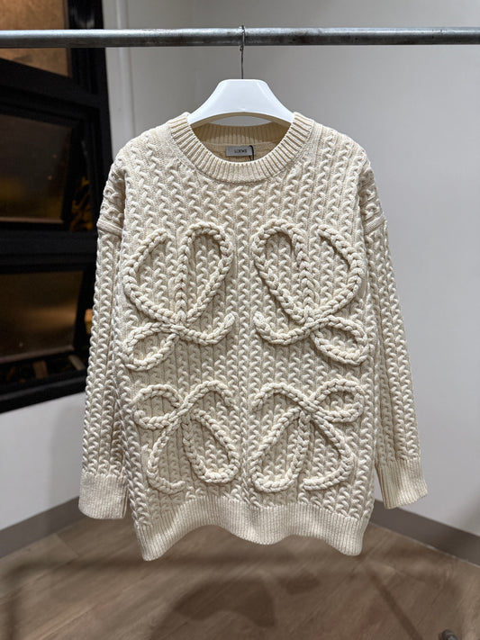 Loewe Anagram Cable Knit Wool Sweater (Cream)
