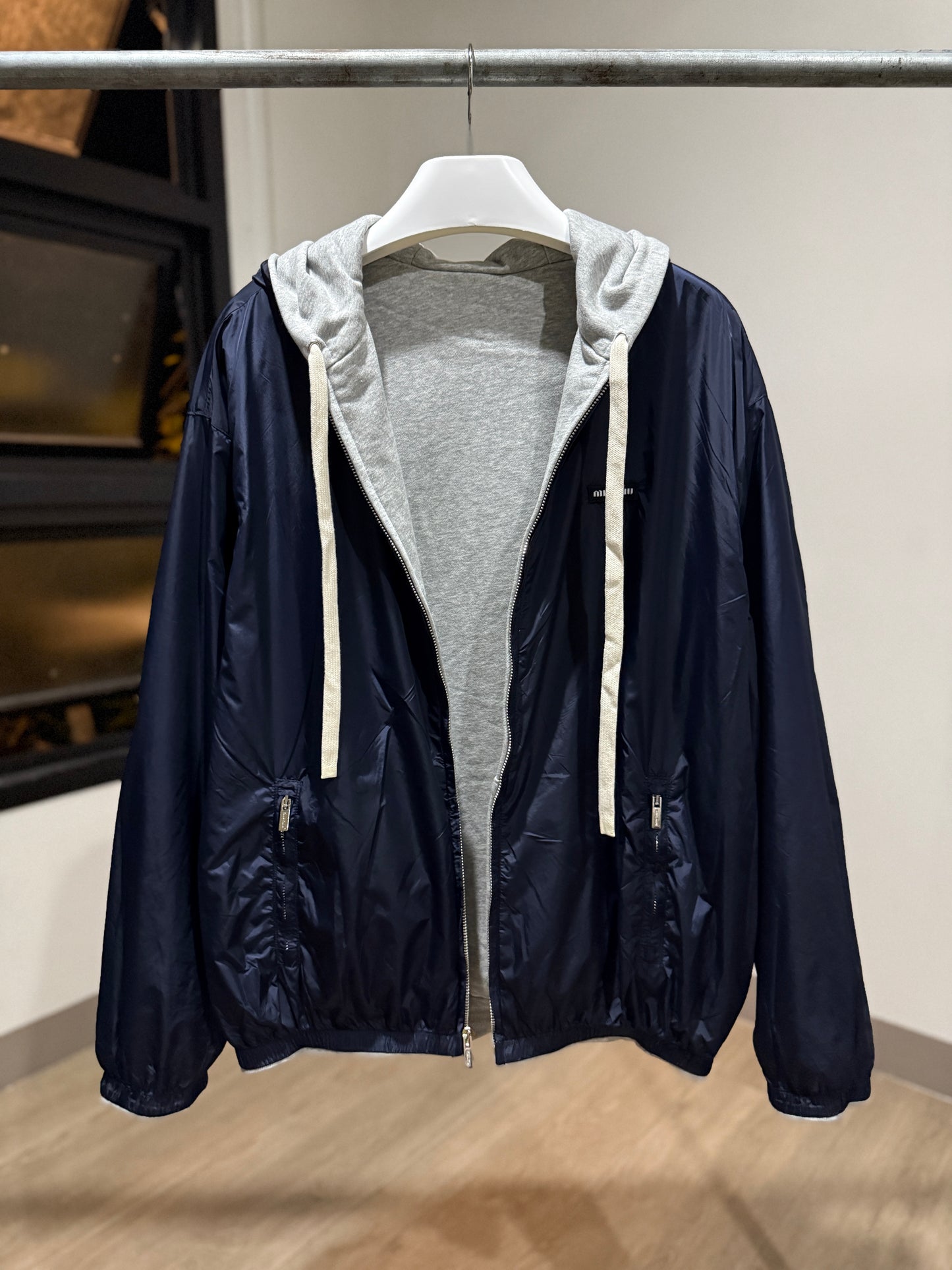 MiuMiu Jersey/Technical Pongé Blouson Jacket (Gray/Navy)