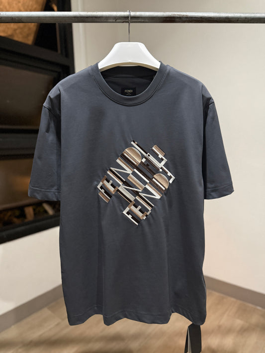 Fendi Cotton T-Shirt (Gray/Embroidered)