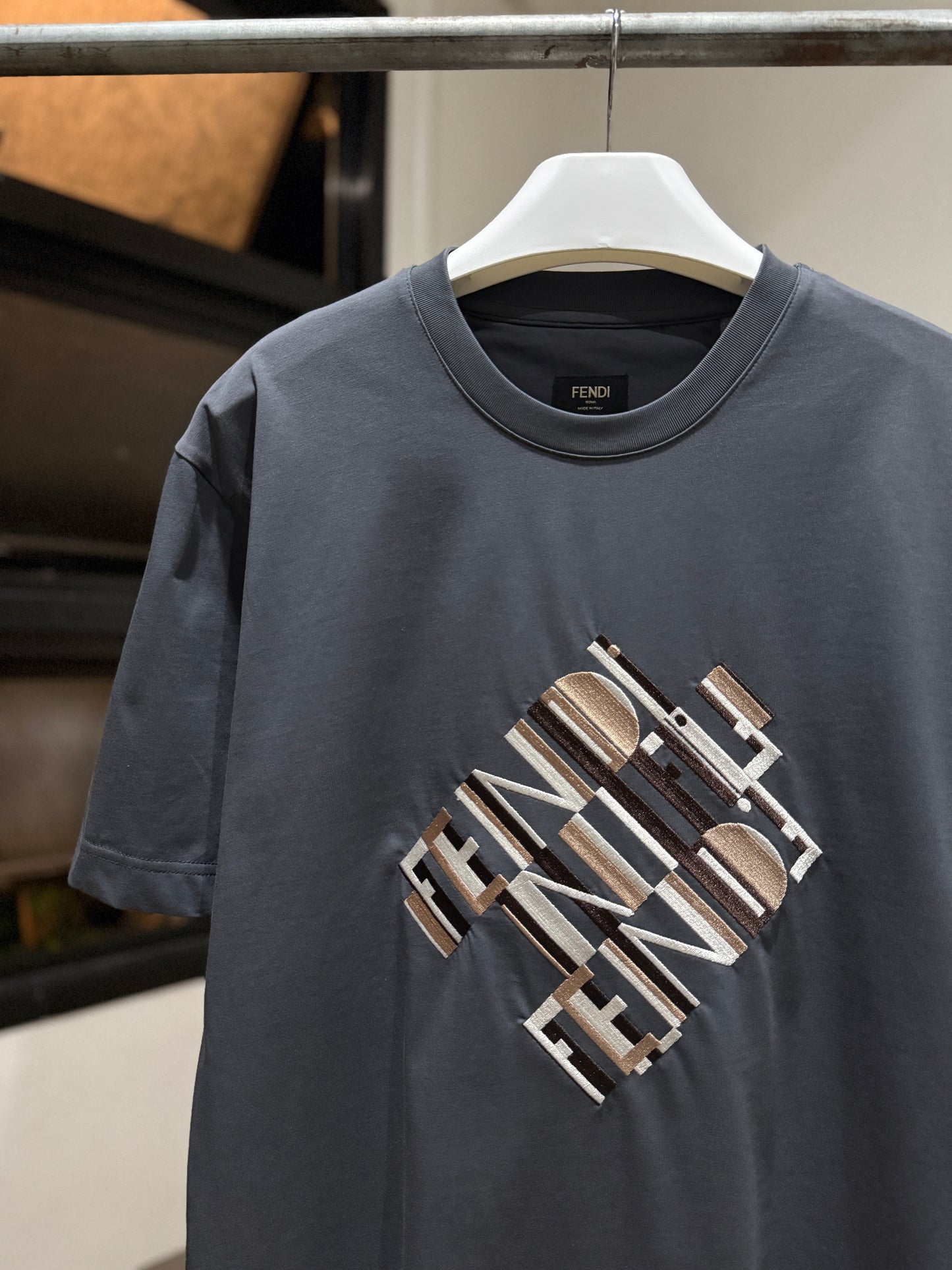 Fendi Cotton T-Shirt (Gray/Embroidered)