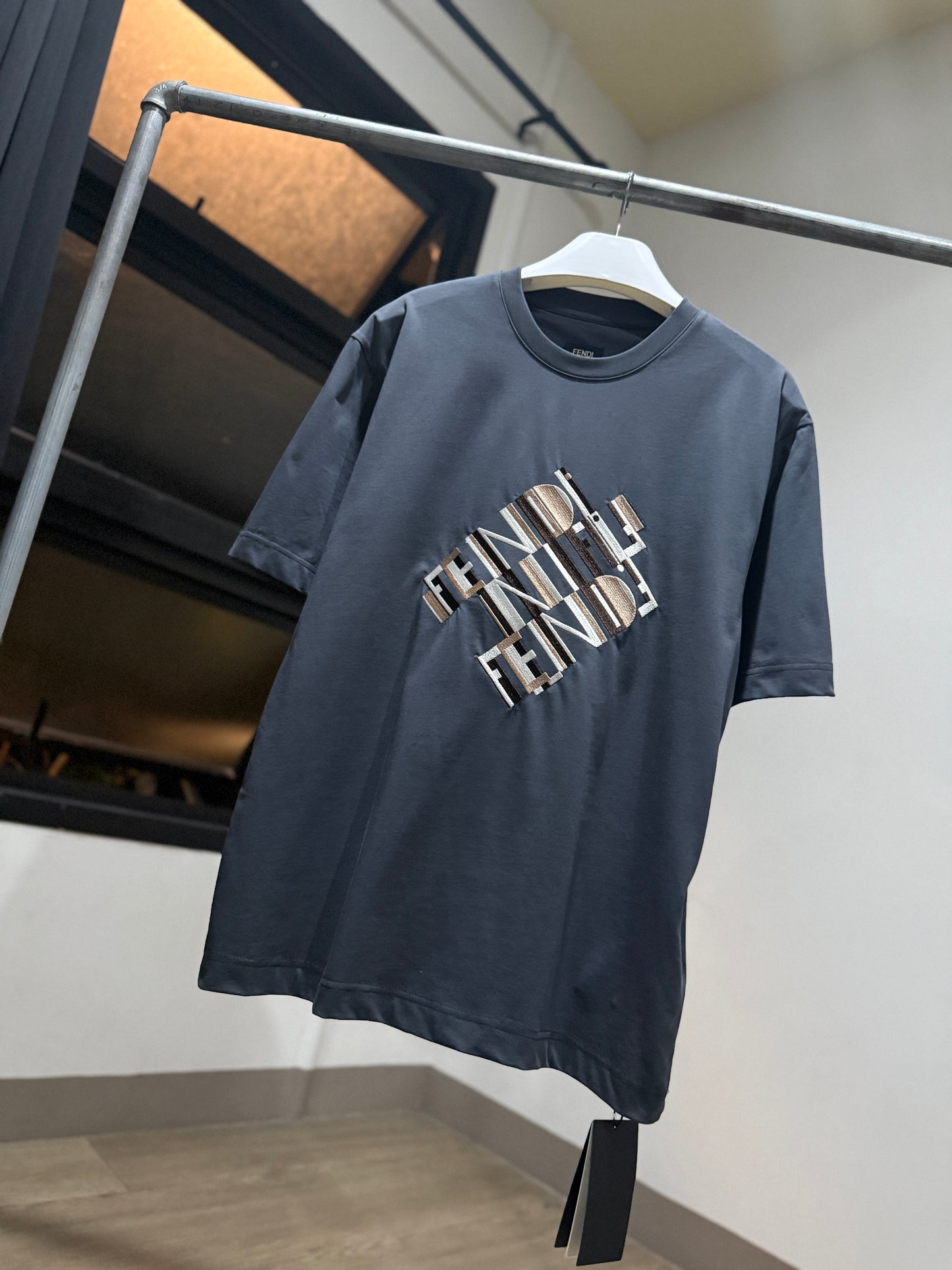 Fendi Cotton T-Shirt (Gray/Embroidered)