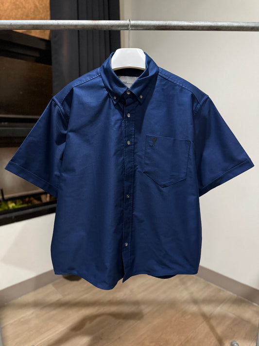 AMI de Coeur Embroidered Cotton Boxy Shirt (Boxy/Navy)